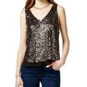 Sequin Tank Top Sleeveless V Neck Party Sparkle Shimmer Blouse